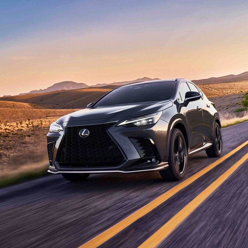 Grey Lexus NX driving down a desert highway.