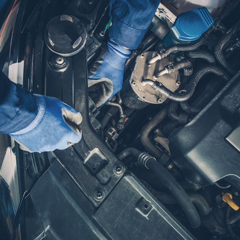 Overhead close-up view of a service technician's hands while actively performing maintenance on a BMW vehicle engine.