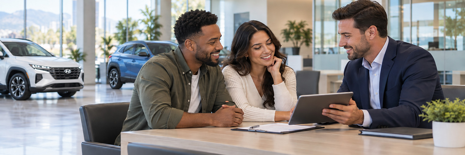 A couple smiling and sitting at a salesperson's desk with the salesperson inside the dealership