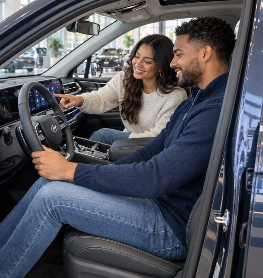 A smiling couple sitting inside a vehicle inside the car dealership.