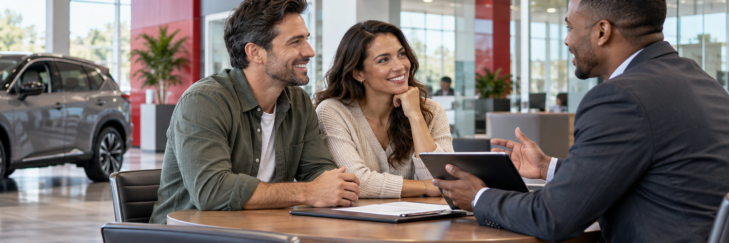 A couple smiling and sitting at a salesperson's desk with the salesperson inside the dealership