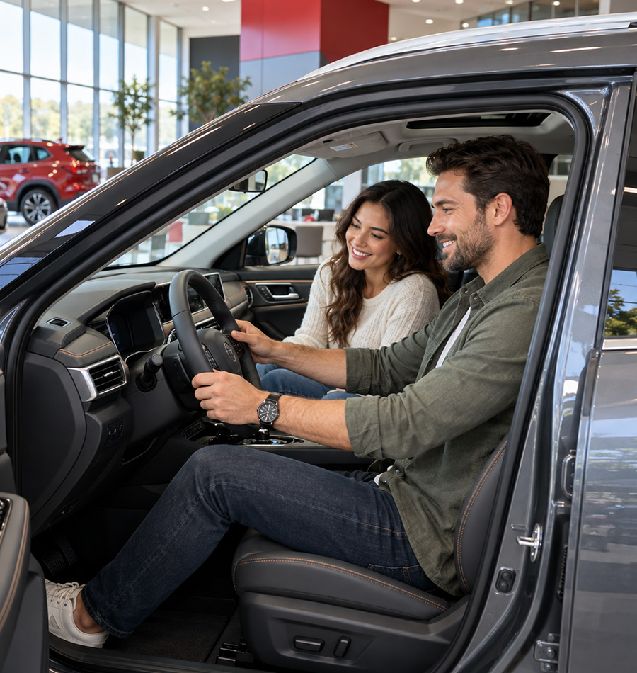 A smiling couple sitting inside a vehicle inside the car dealership.
