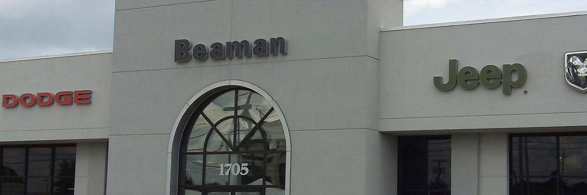 Close-up of the Beaman Chrysler Dodge Jeep Ram dealership storefront