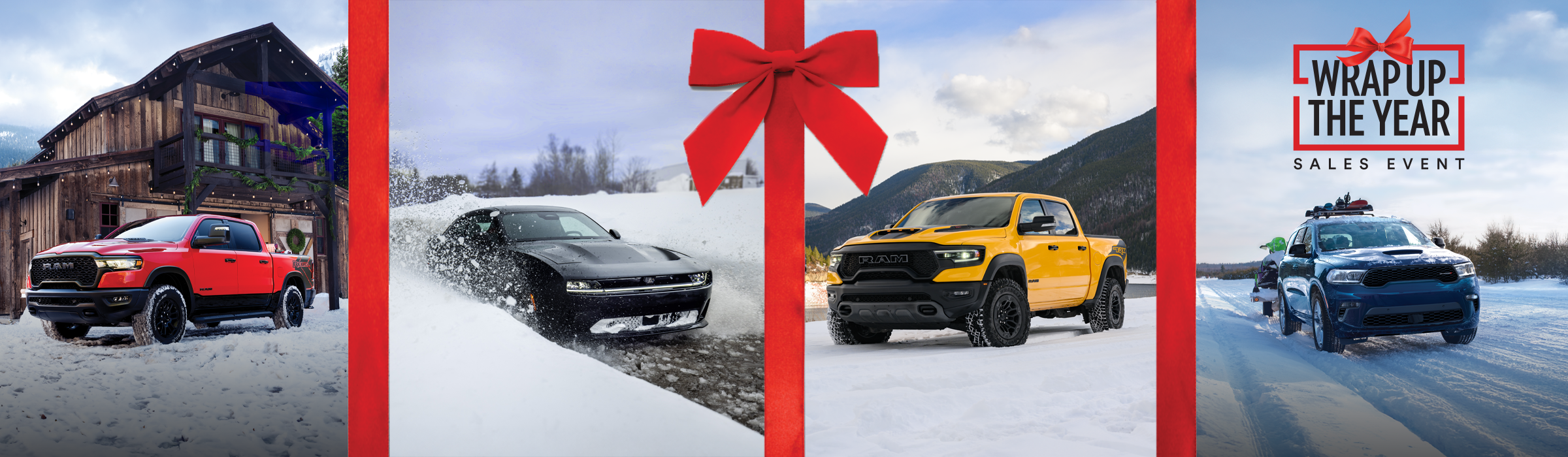 Holiday Sales Event banner featuring Dodge and Ram models on display on a decorative winter holiday background