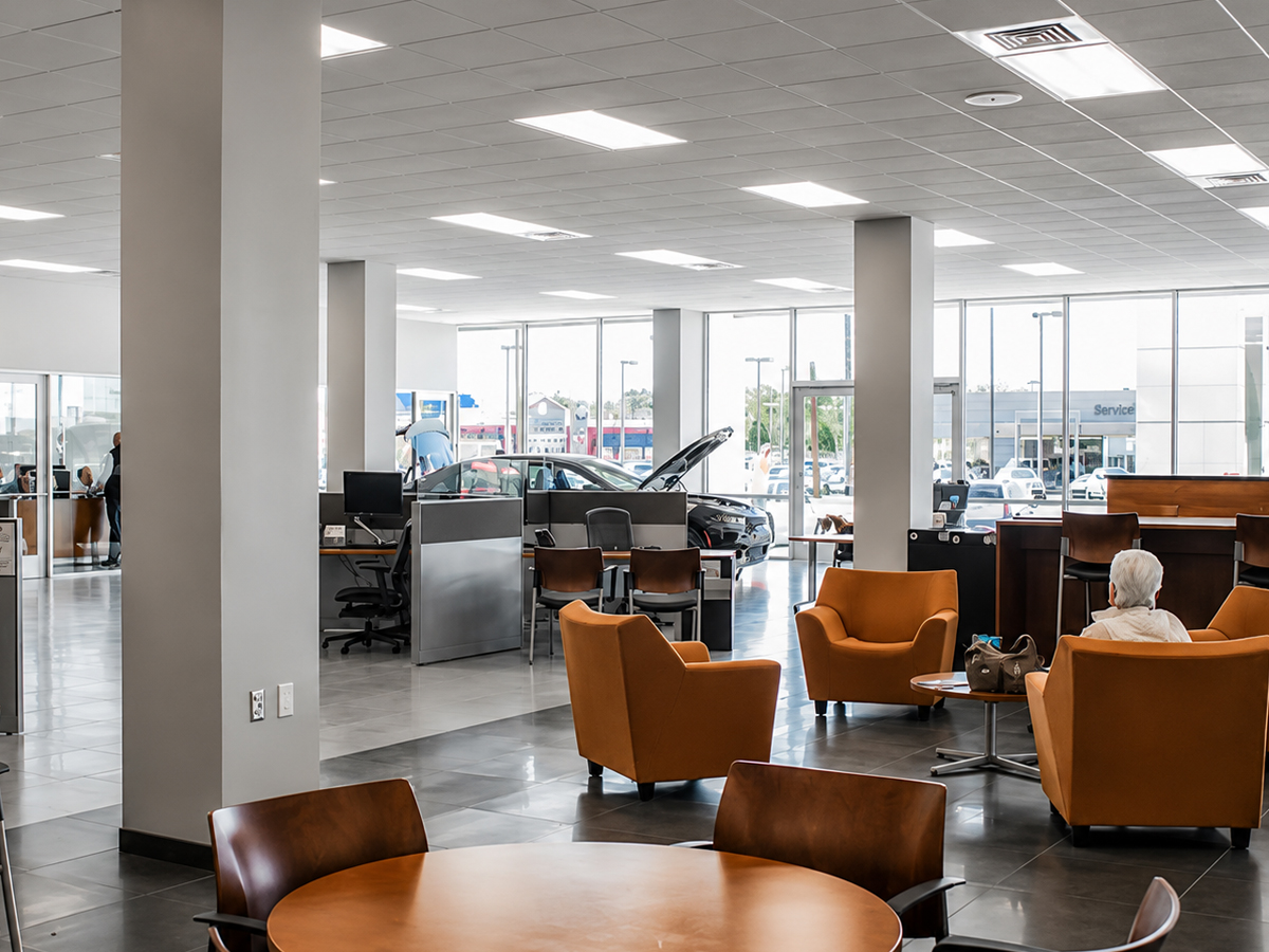 Inside the Fayetteville Dodge Ram dealership showroom and waiting area.