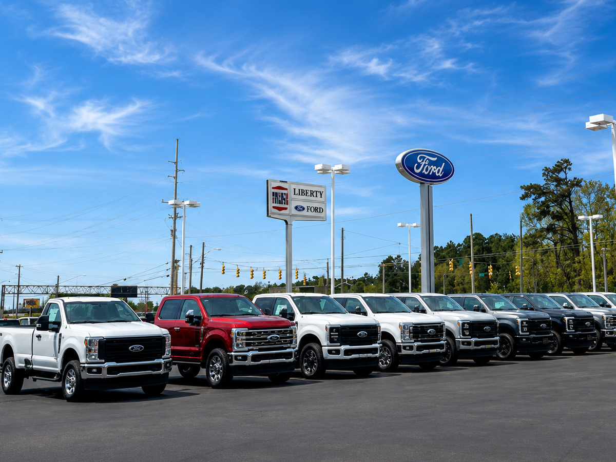 The Liberty Ford Fayetteville dealership vehicle lot featuring a variety of Ford pickup trucks.