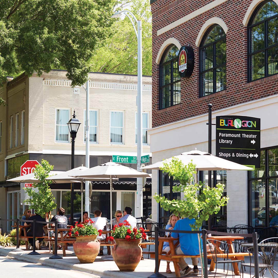 The corner of Main Street and Front Street in Burlington, North Carolina