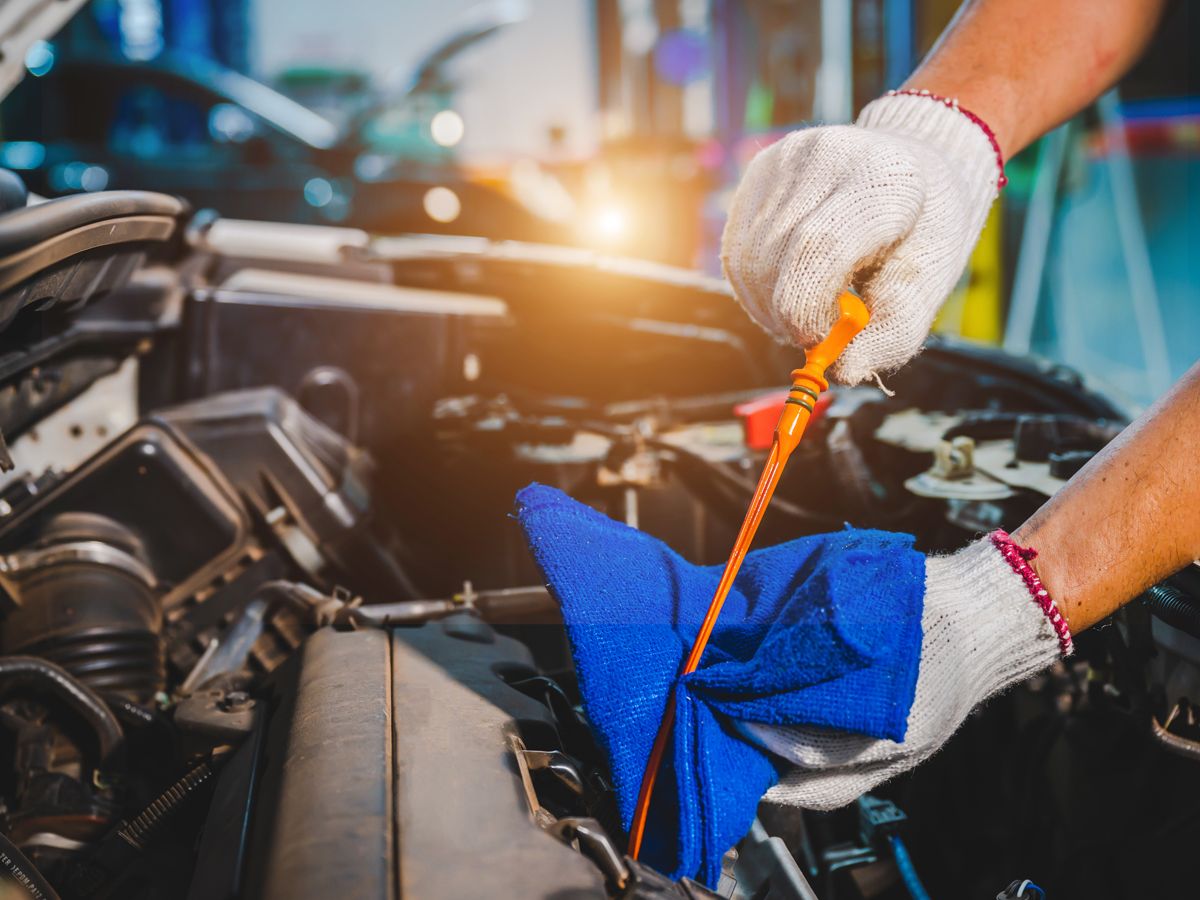 Close-up of a service technician checking the oil levels of a vehicle.