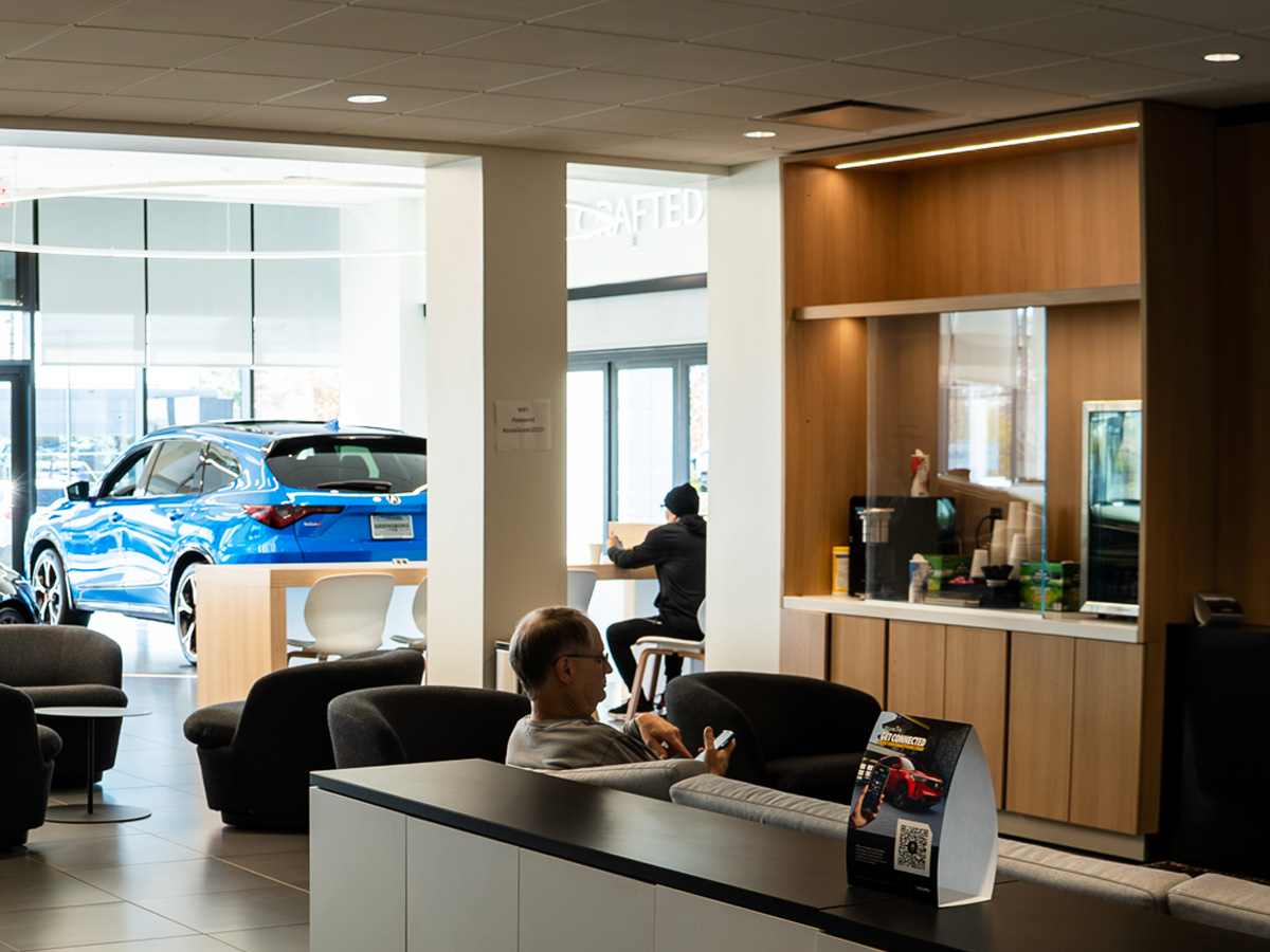 The waiting area of the Greensboro Acura dealership.