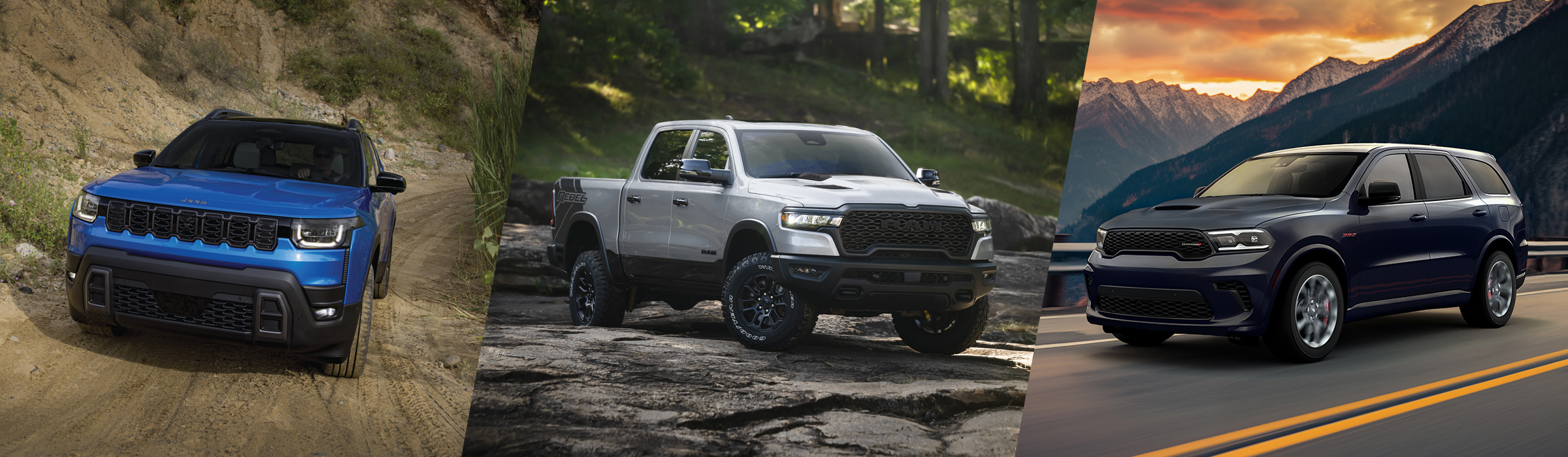 A line-up of Chrysler, Dodge, Jeep and Ram vehicles including the Jeep Cherokee Overland in Hydro Blue Pearl Coat, a silver RAM 1500 truck and a black Dodge Durango SUV