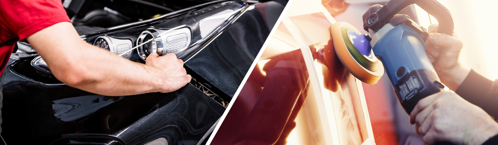 Two close-up photos of a service technician performing maintenance on a vehicle in the service center