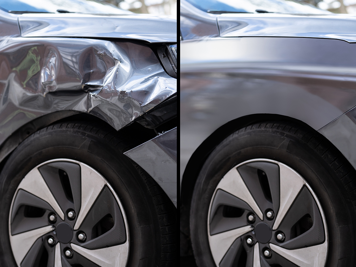 A before and after example of a vehicle's collision repair.