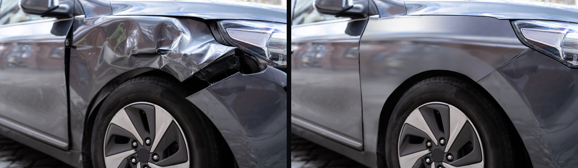 Before and after photos of a vehicle's damages repaired