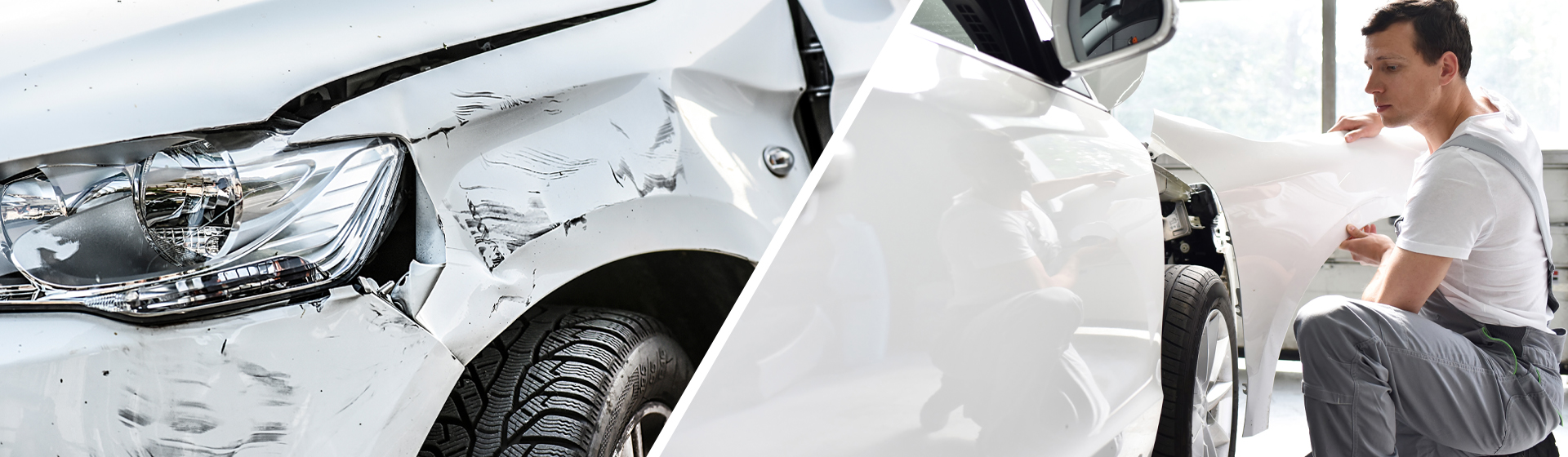 Before and after photos of a vehicle's damages repaired