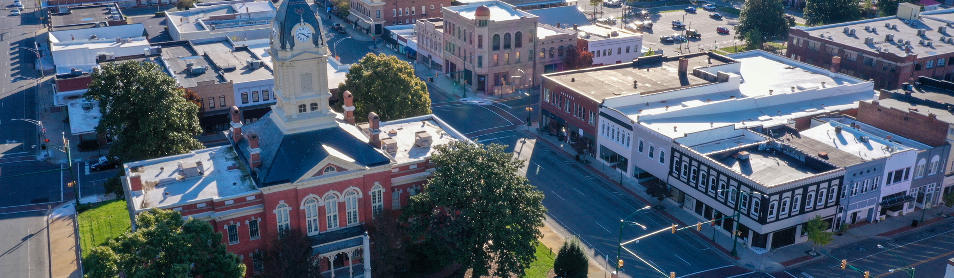 An aerial view of the historic Union County Courthouse in downtown Monroe, North Carolina