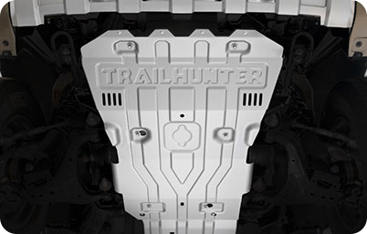 Close up vanity photo of the exterior front skid plate accessory