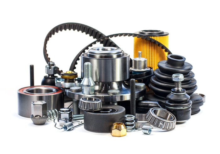 An assortment of Ford parts neatly organized together.