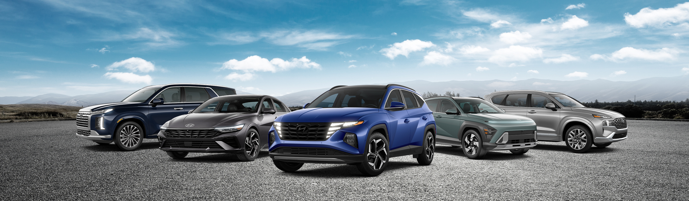 Hyundai vehicle model lineup. Various Hyundai models of all body styles and colors