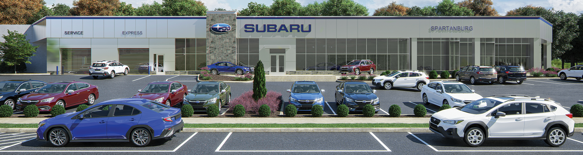 The Subaru of Spartanburg dealership storefront and vehicle lot