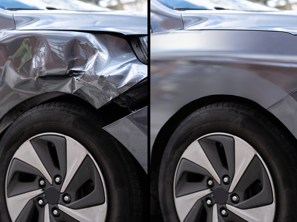 A before and after example of a vehicle's collision repair