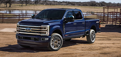 A Ford F-250 parked off-road by a lake on a farm