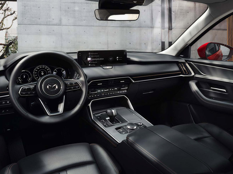 Luxurious black leather interior of a Mazda vehicle