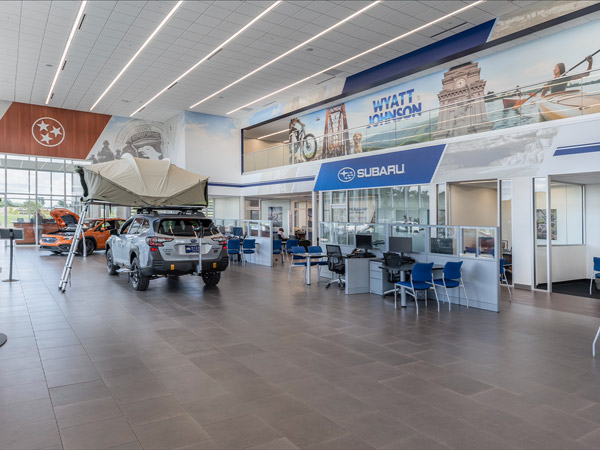 Inside the sales floor of the Wyatt Johnson Subaru dealership