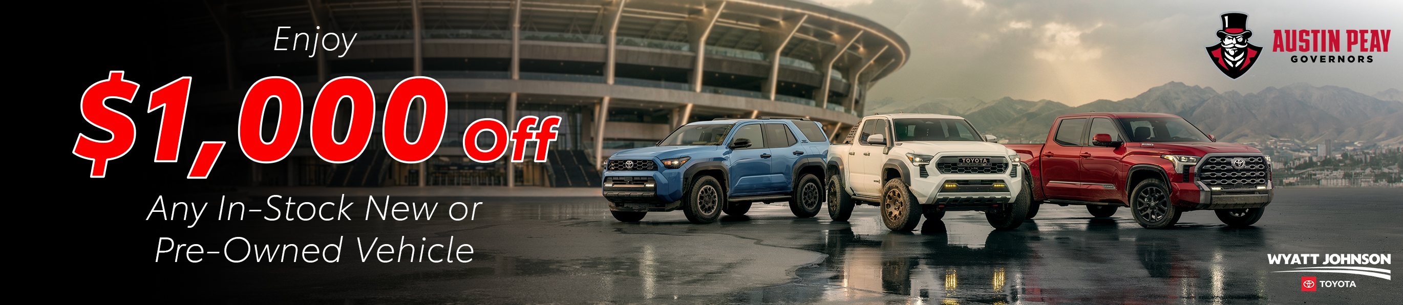 Enjoy $1,000 off any in-stock new or pre-owned vehicle