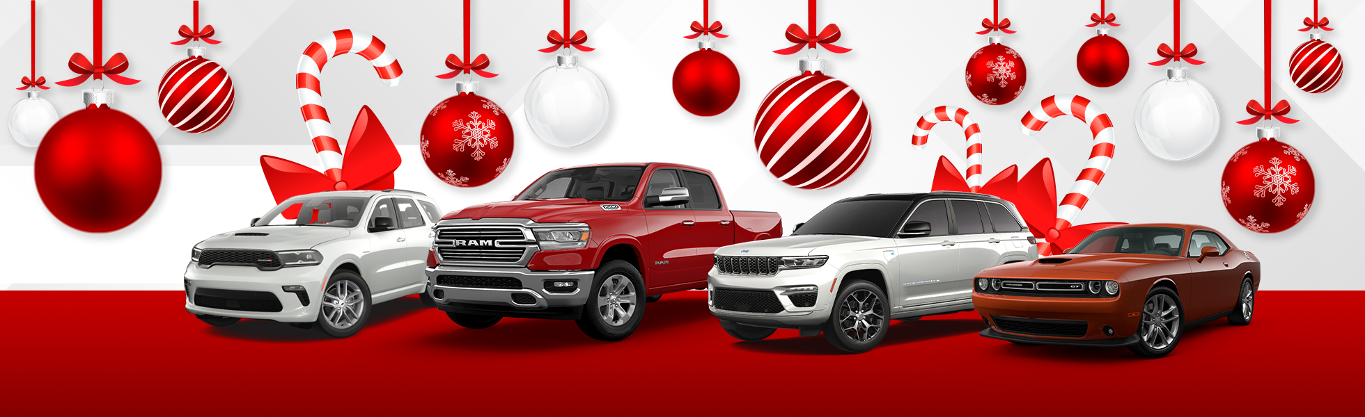 Holiday Sales Event banner featuring Chrysler, Dodge, Jeep and Ram models on display on a decorative winter holiday background