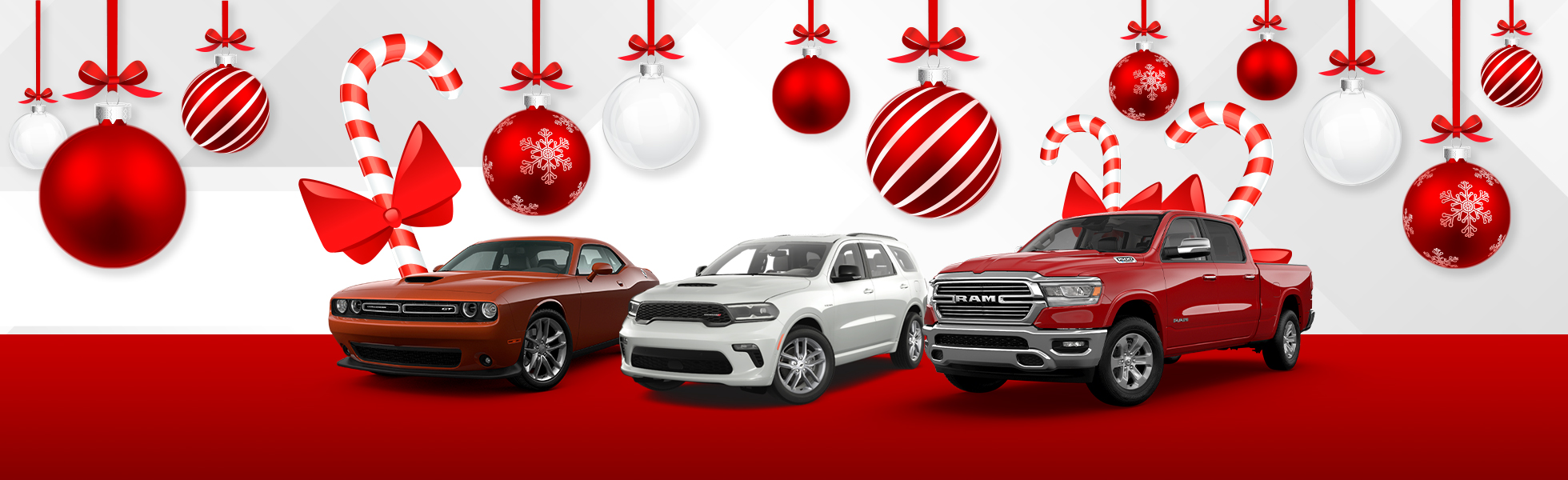 Holiday Sales Event banner featuring Chrysler, Dodge, Jeep and Ram models on display on a decorative winter holiday background