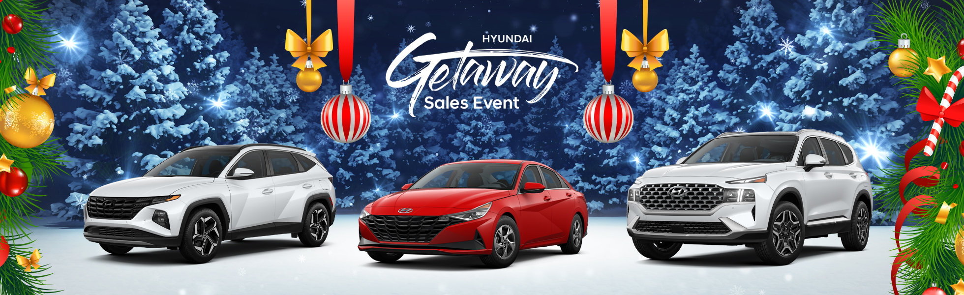 Hyundai Getaway Sales Event banner featuring Hyundai model lineup on display and winter holiday decorations
