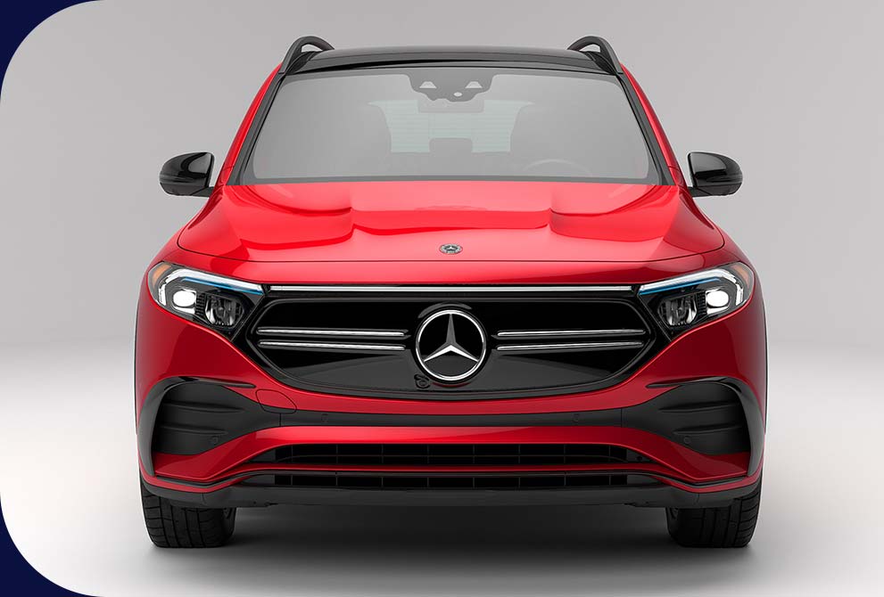 Exterior photo of the front of a red Mercedes-Benz EQB