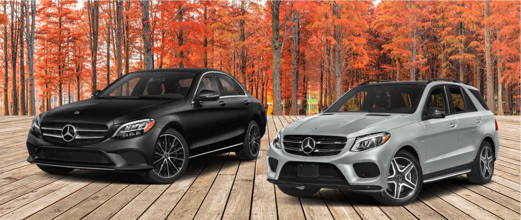 A black Mercedes-Benz car model and a silver Mercedes-Benz SUV model in a fall scene