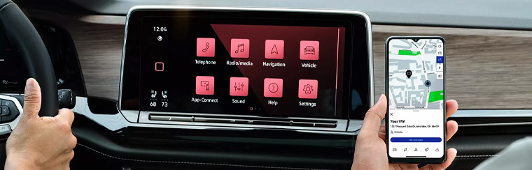 Photo showcasing tech features of the 2025 Volkswagen Taos